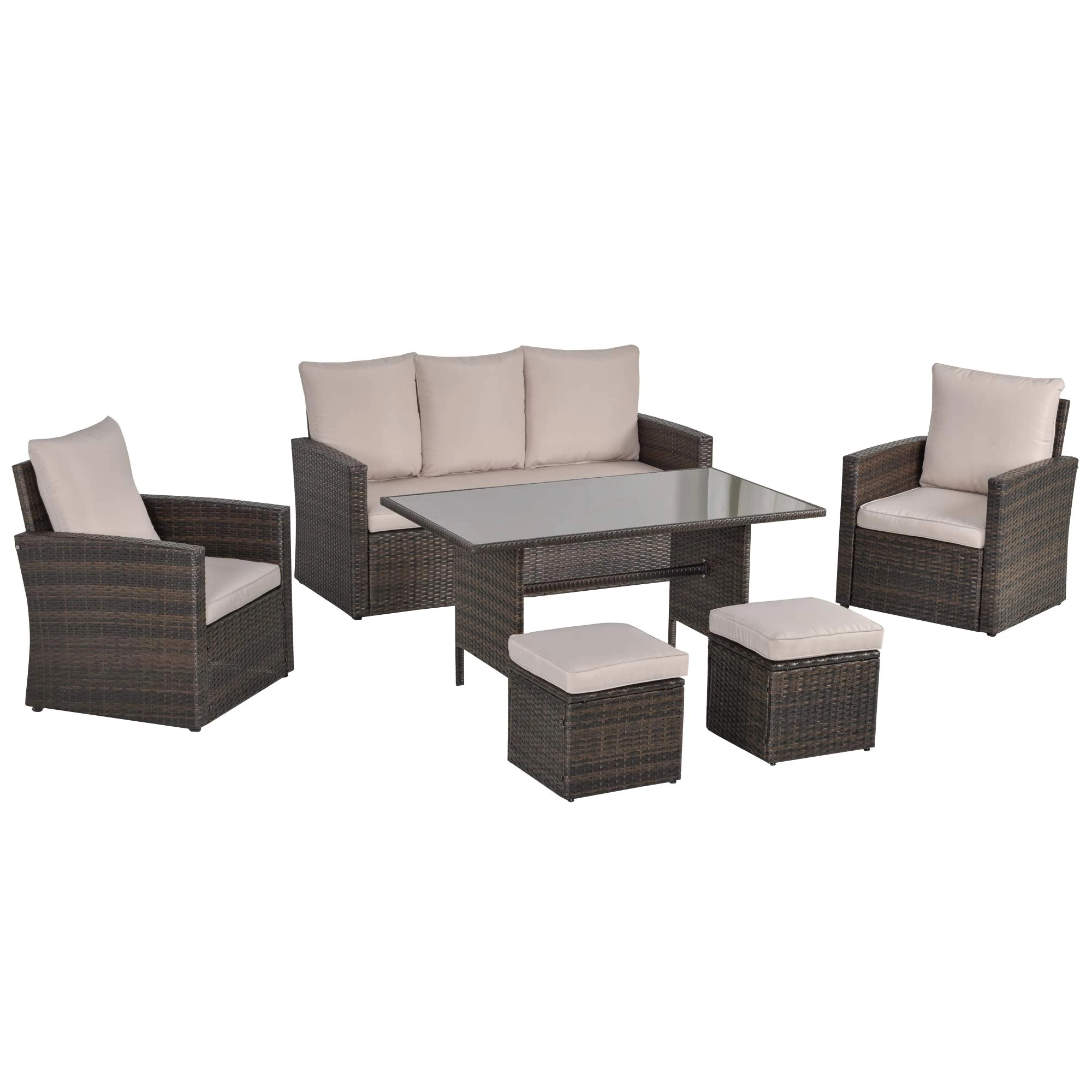 Outsunny 6 Pieces Rattan Garden Furniture Set, 7 Seater Wicker Garden Sofa Set with Glass Top Dining Table, Armchairs and Footstools, Outdoor Furniture with Cushions for Patio, Mixed Brown