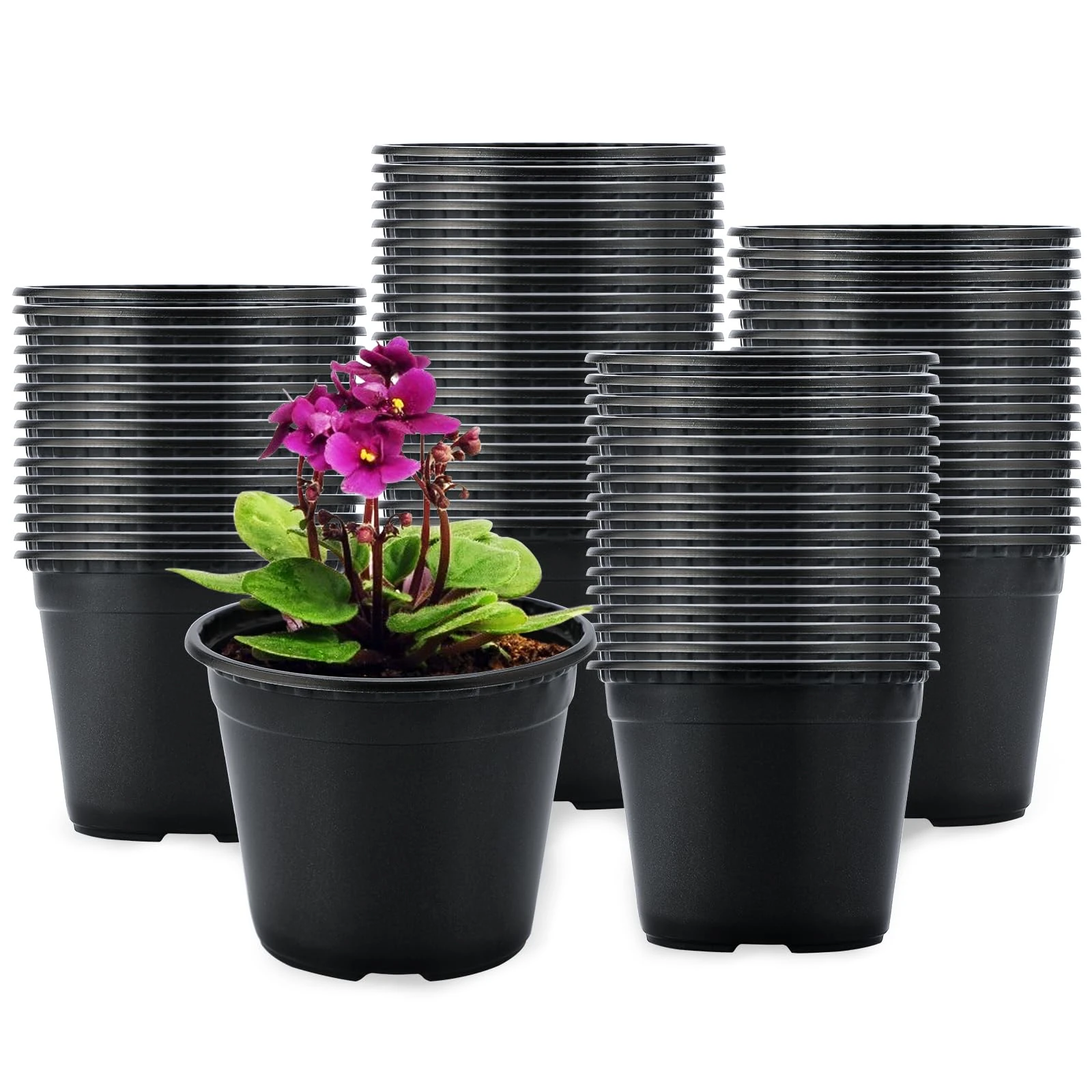 KINGLAKE 100Pcs Plastic Plant Pots 10cm Black Seed Seedling Pots Flower Nursery Pots for Vegetables,Flowers,Herbs,Cuttings, Succulent
