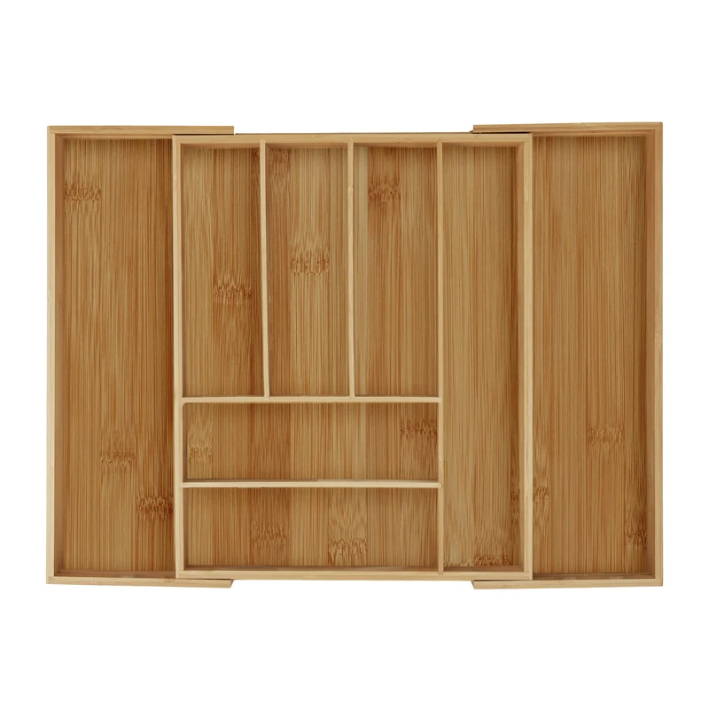 Relaxdays Cutlery Tray, Extendable, 6-8 Compartments, HxWxD: 6.5 x 57.5 x 43 cm, Kitchen Drawer Insert, Bamboo, Natural