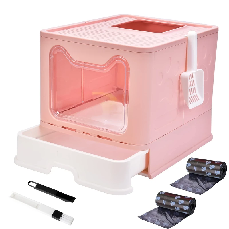 Panghuhu88 Foldable Cat Litter Box with Lid, Large Top Entry Cat Toilet, Enclosed Cat Potty Include Cat Litter Scoop, Drawer Type Easy Clean Cat Litter Pan (Pink, 20" L x 16" W x 15" H)