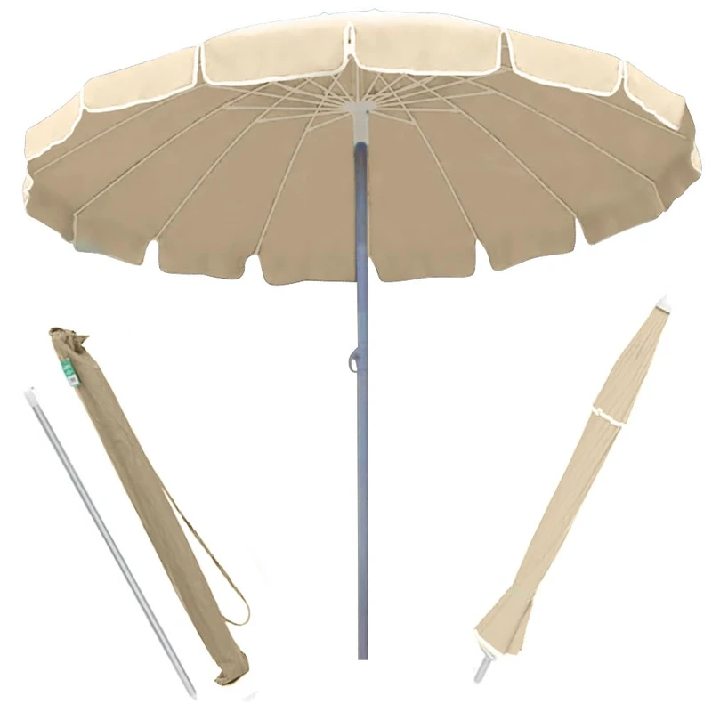 BAKAJI Windproof Beach Beach Garden Parasol Diameter 220 cm with Aluminium Pole 32 mm Structure with 16 Fibreglass Ribs and Polyester Fabric Coating 200 g Anti UV, beige, Grande, beach