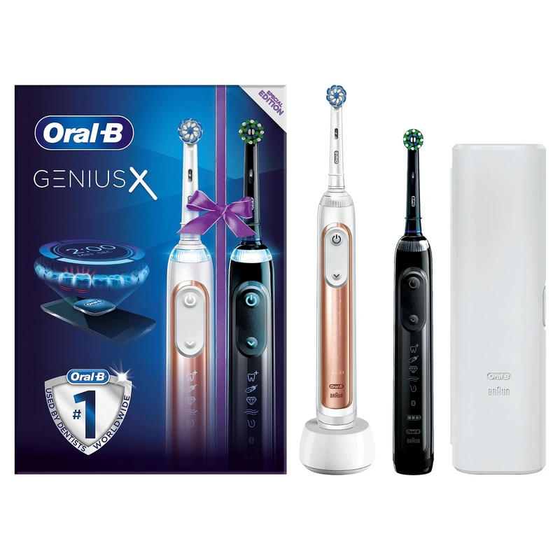 Oral-B Genius X 2x Electric Toothbrushes with Artificial Intelligence, App Connected Handles, 2 Toothbrush Heads & Travel Case, 6 Mode Display with Teeth Whitening, Gifts for Men/Women,2 Pin UK Plug - Image 1