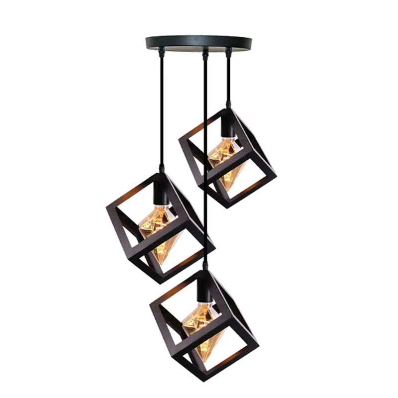 LEDSone 3 Head Black Square Cage Pendant Light Shade, Modern Metal Cage Loft Bar Triple Hanging Pendant Ceiling Light Fittings with Height Adjustable Cable for Living Room, Hotel, Cafe, Dining Room