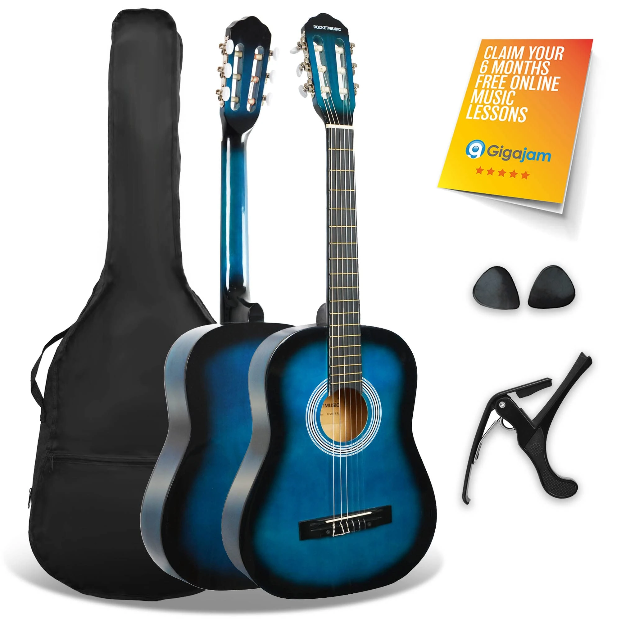 3rd Avenue XF 3/4 Size Junior Kids Classical Spanish Starter Beginner Pack Acoustic Guitar with Nylon Strings, Gig Bag, Capo and Picks – Blue