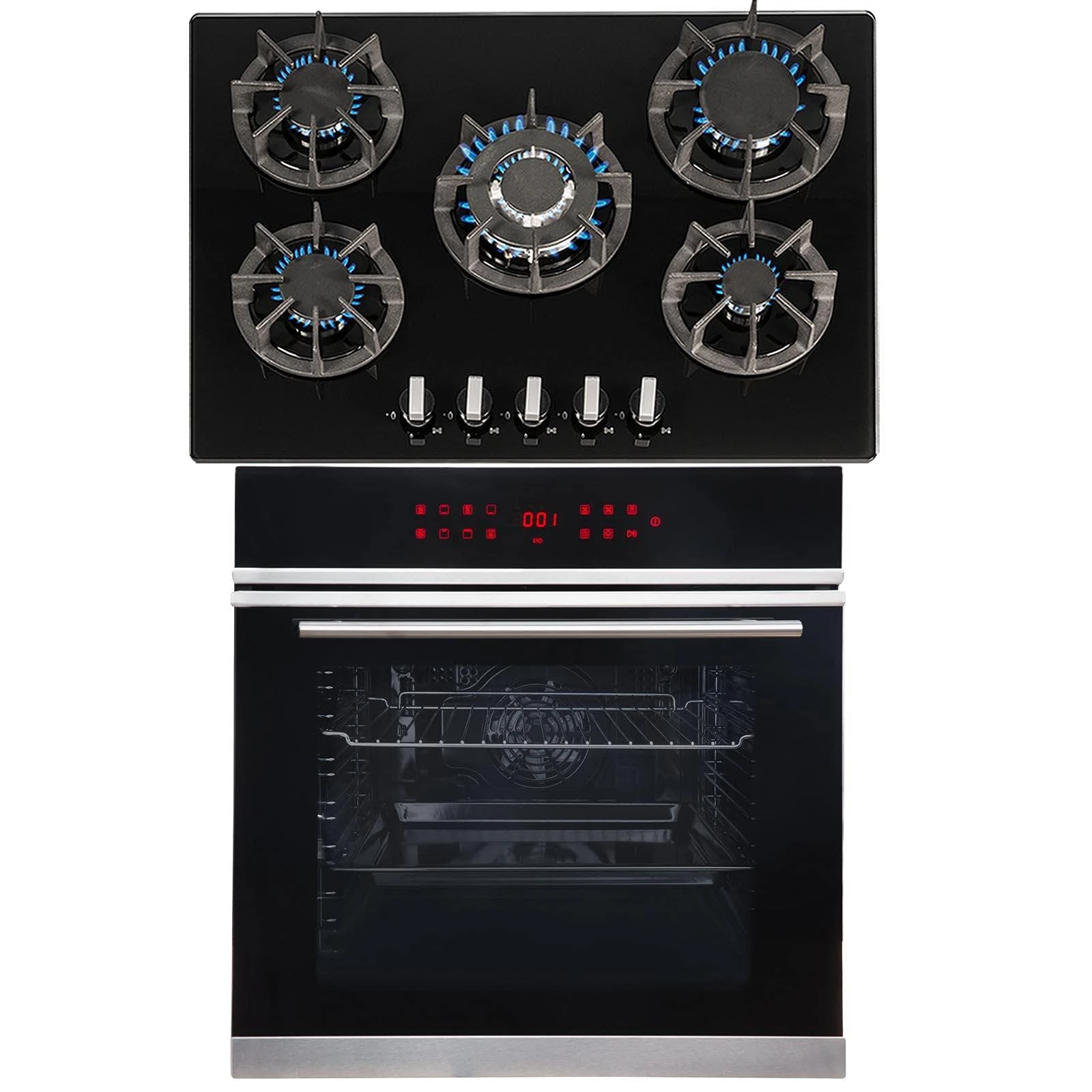 SIA BISO11SS Premium 60cm Black 13 Function Built-in Single Electric True Fan Oven & R8 70cm 5 Burner Black Gas On Glass Hob With FFD & LPG Kit