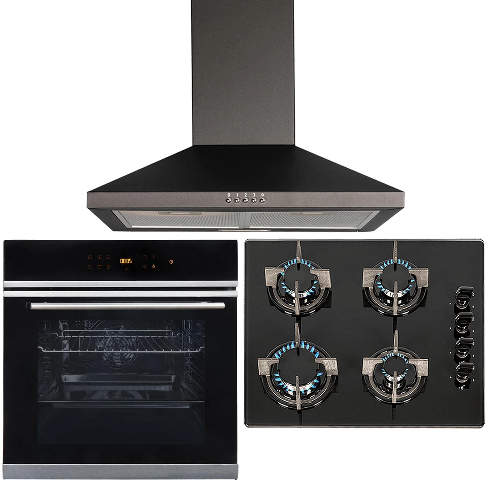 SIA BISO6SS 60cm Black Touch Control 10 Function Single Fan Oven, 4 Burner Gas On Glass Hob & Chimney Cooker Hood Kitchen Extractor Fan