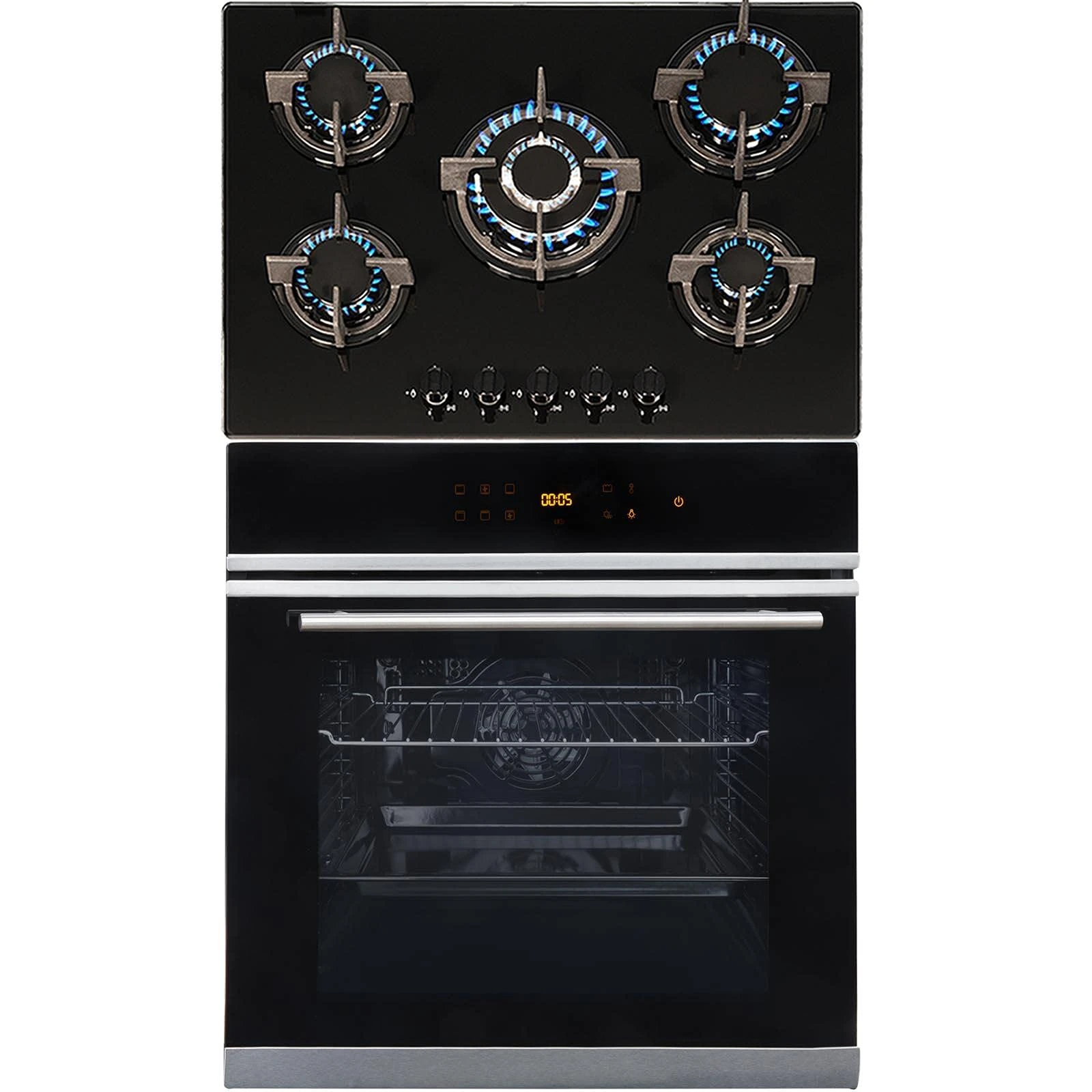 SIA BISO6SS Premium 60cm Black 10 Function Built-in Single Electric True Fan Oven & GHG703BL 5 Burner Black Gas On Glass Hob With FFD & LPG Kit