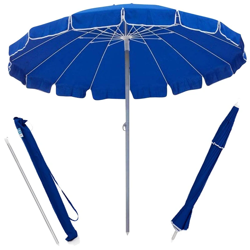 BAKAJI Windproof Beach Beach Garden Parasol Diameter 220 cm with Aluminium Pole 32 mm Structure with 16 Fibreglass Ribs and Polyester Fabric Coating 200 g Anti UV, blue, Grande