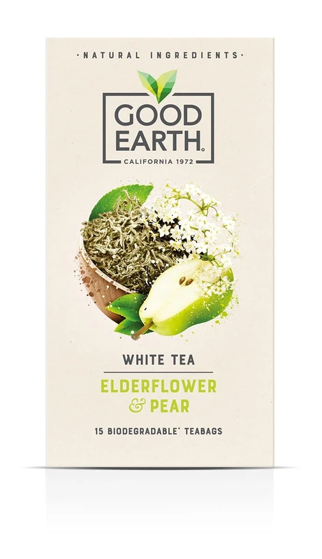 Good Earth Tea Co. Elderflower & Pear Tea Bags – Fruit Flavoured Herbal Blend with Sweet Pear and Elderflower – 15 Plant-Based Teabags
