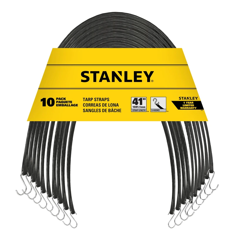 STANLEY S300441 Black 41" All-Weather Rubber Bungee Cords with S-Hooks for Securing Tarps, Flatbed Hauler and Boat Covers, Storage, and Cargo, 10 Pack