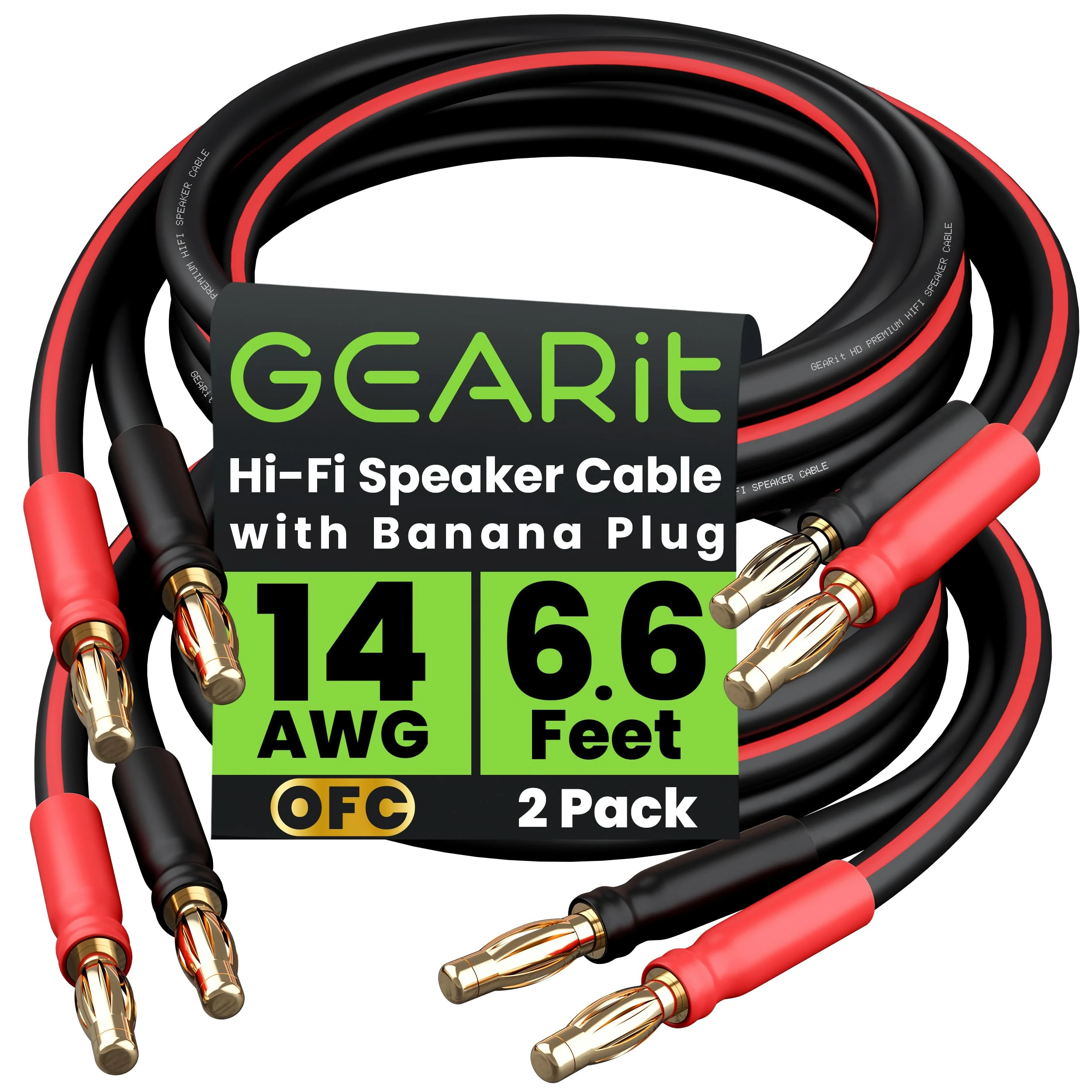 GearIT 14 AWG Speaker Cable with Banana Plugs (2 Pack, 6.6 Feet - 2 Meter) - 14Ga Gauge Banana Wire for Bi-Wire Bi-Amp HiFi Surround Sound - 99.9% OFC Copper, Gold Plated Tips - Black