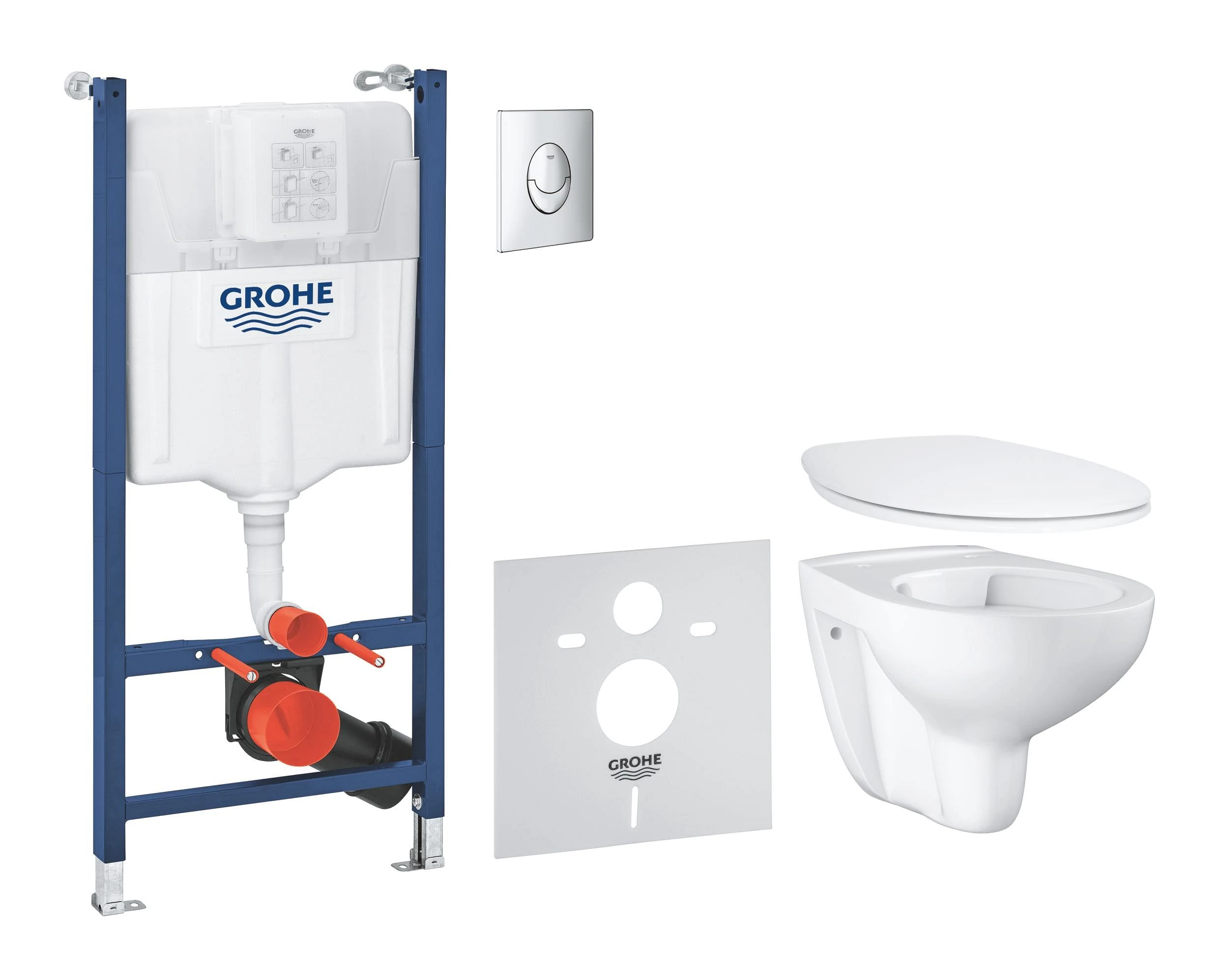 GROHE Solido Bau Ceramic 5-in-1 Bundle (Wall Hung Rimless Toilet with Soft Close Seat, Flush Plate in Chrome, Frame, Sound Insulation Set, 2 Wall Brackets with Fixing Material), 39888000