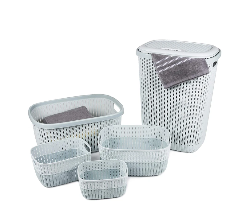 alpina Laundry Basket Set - 5 Pieces - 1 with Lid - Knitting Pattern - Blue