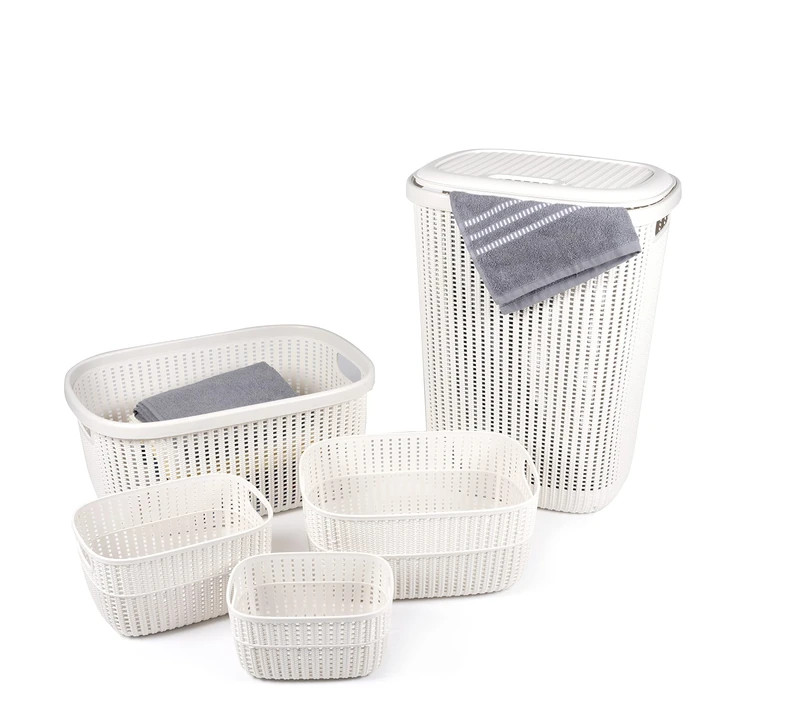 Alpina Laundry Basket Set - 5 Pieces - 1 with Lid - Plastic with Knitting Pattern - Beige