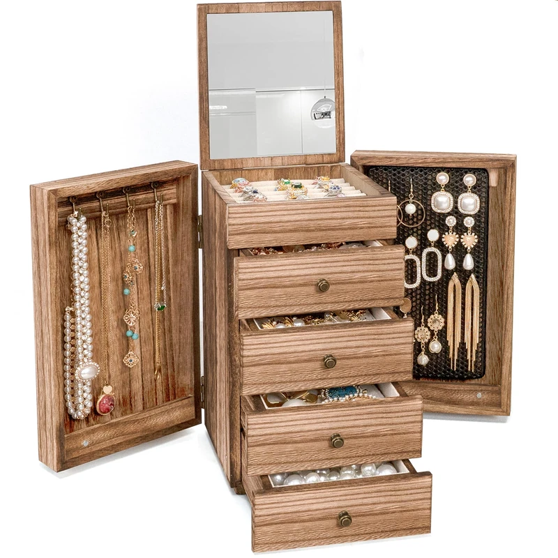 Meangood Jewelry Box Wood for Wowen, 5-Layer Large Organizer Box with Mirror & 4 Drawers for Rings, Earrings, Necklaces, Vintage Style Torched Wood - Image 1
