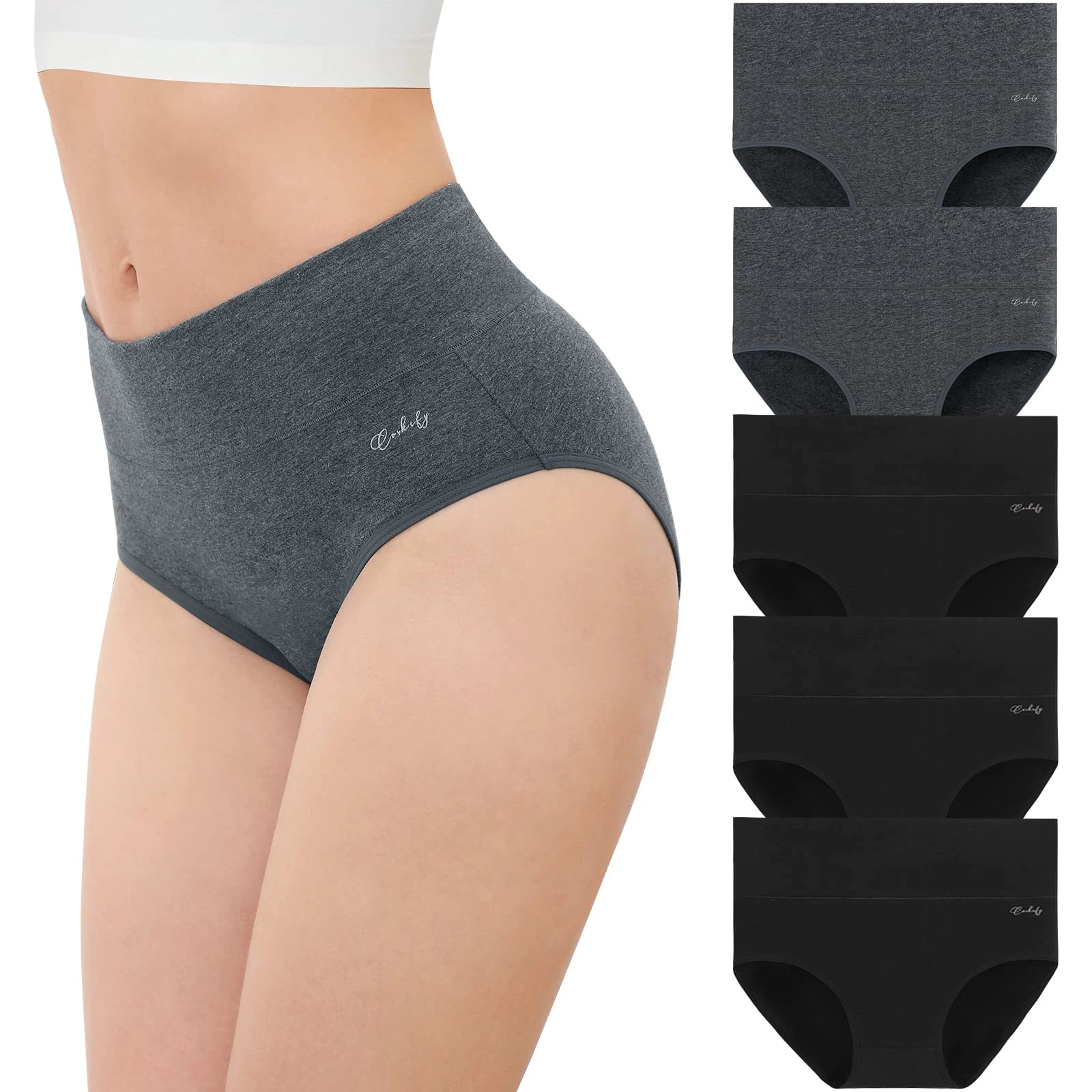 coskefy Underwear Women, High Waisted Cotton Knickers Ladies Full Briefs Soft Panties Slight Tummy Control Pants 5 Pack L