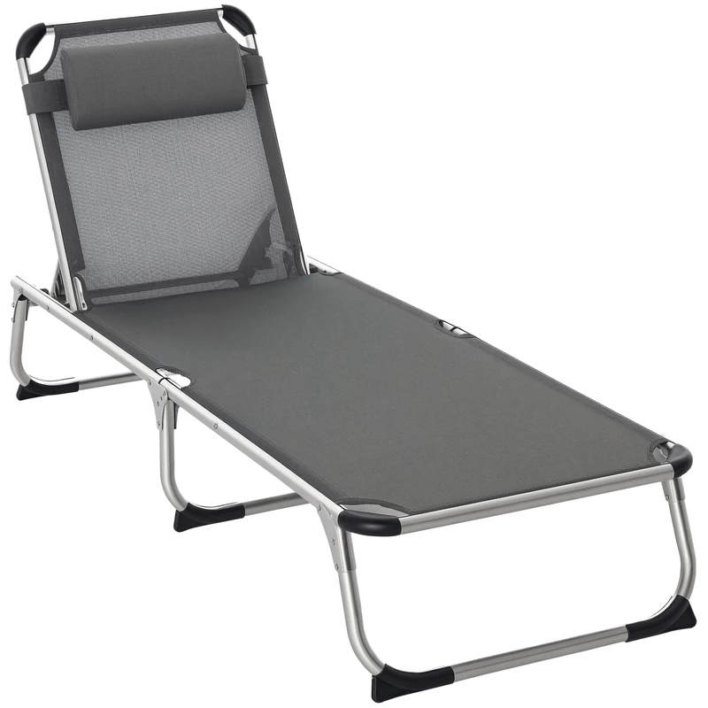 Outsunny Foldable Outdoor Sun Lounger, Reclining Lounge Chair Camping Bed Cot with Pillow 4-Level Adjustable Back Aluminium Frame, Dark Grey