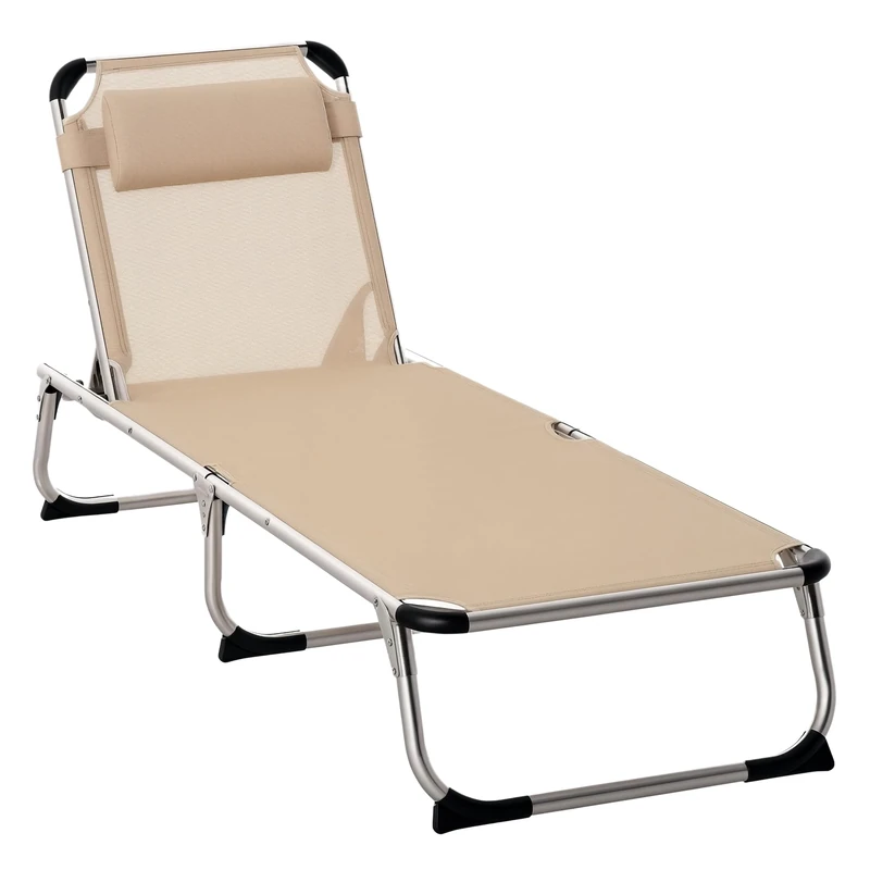 Outsunny Foldable Outdoor Sun Lounger, Reclining Lounge Chair Camping Bed Cot with Pillow 4-Level Adjustable Back Aluminium Frame, Khaki