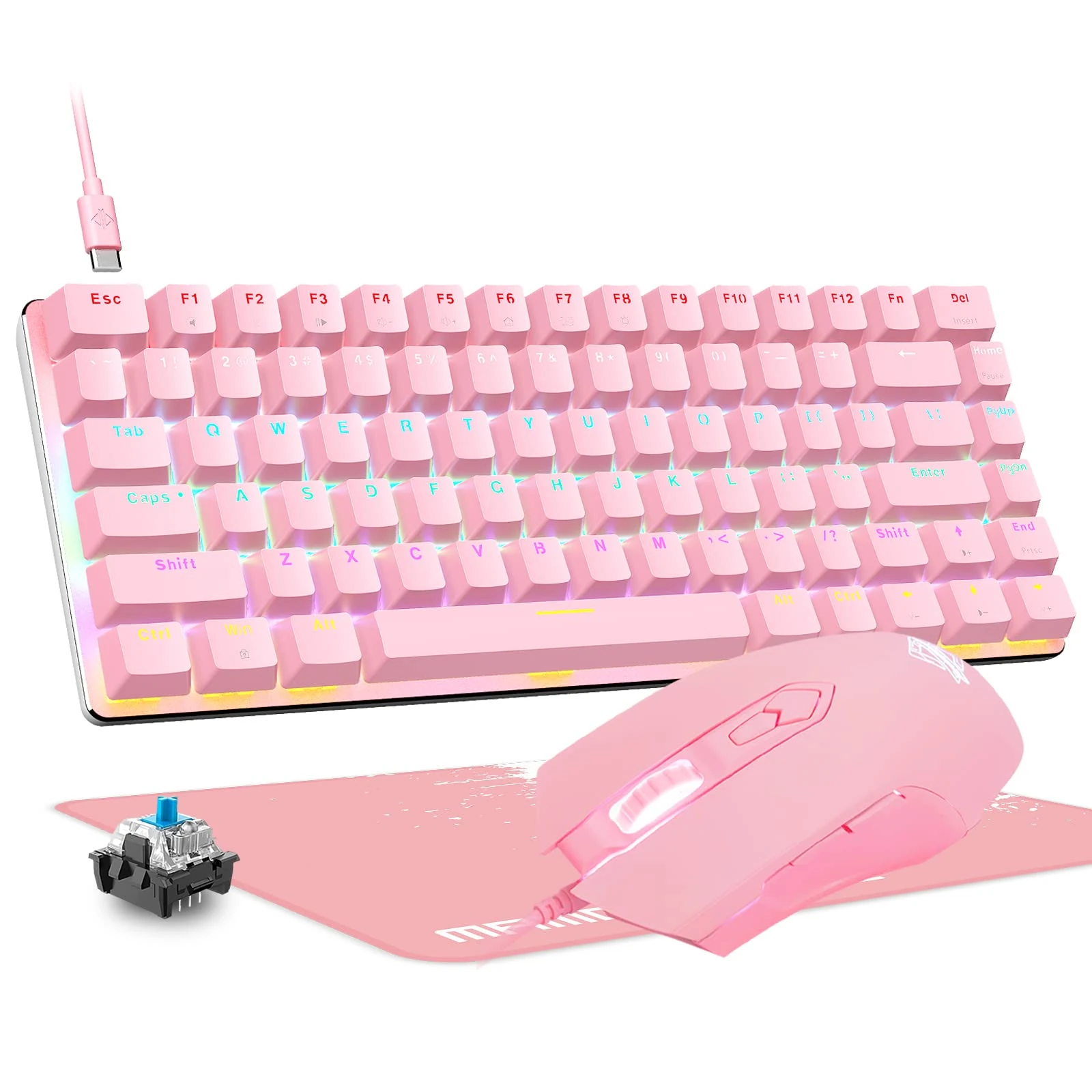 SELORSS Pink Mechanical Gaming Keyboard Blue Switch 82 keys Compact Rainbow LED Backlit Wired USB-C, 2500 DPI 7 Buttons RGB Backlight Mouse, Large Mouse Pad For Office and Games