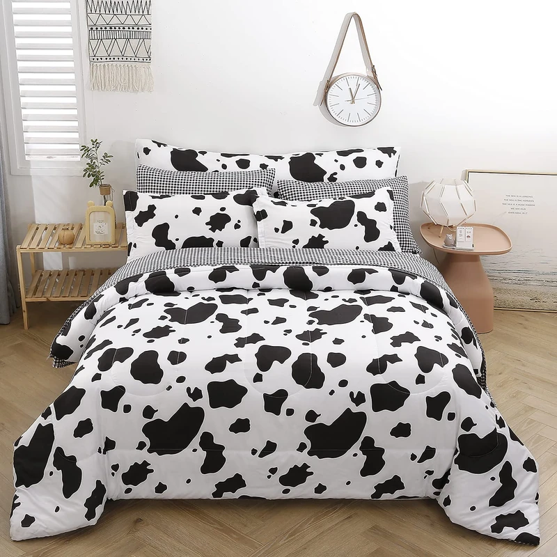 SUCSES Cow Print Comforter Set Twin Size 8 Pieces Cowhide Bed in A Bag Black and White Geometric Kids Bedding Set Lightweight Microfiber Bed Sets for Boys Girls