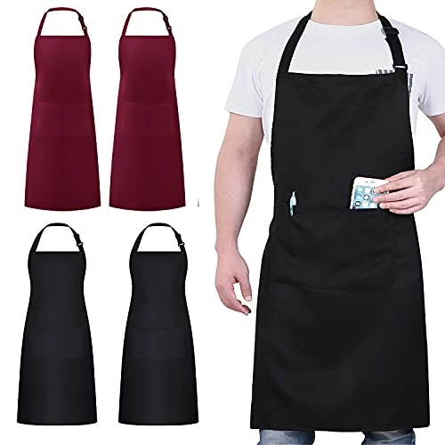 4 Packs Chef Apron, Waterproof Catering Apron with 2 Pockets, Adjustable Work Aprons Perfect for Kitchen Cooking Painting Gardening Cleaning Restaurant BBQ, Personalised Aprons (Black & Wine)