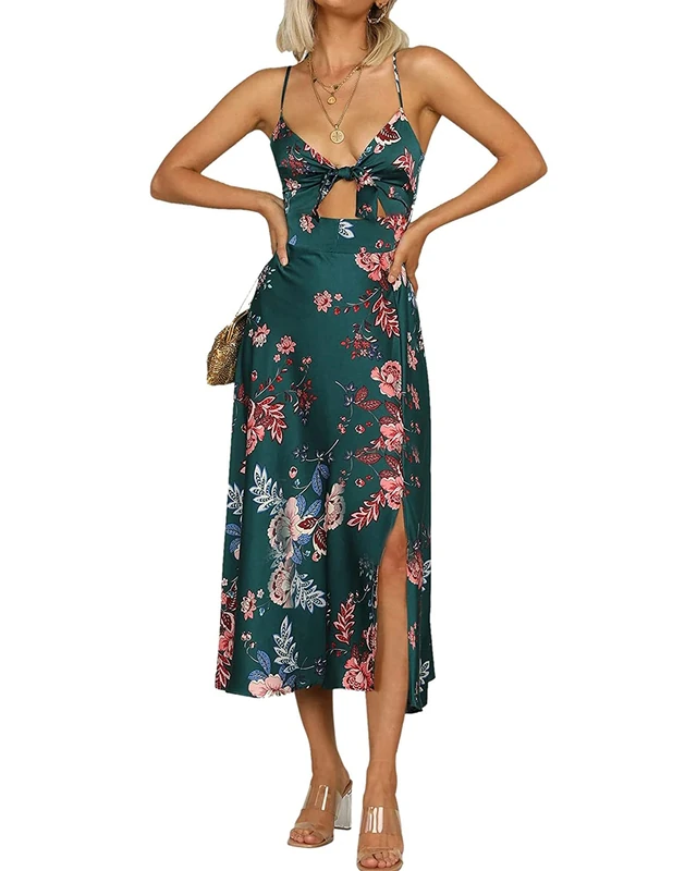 Fashionme Women Spaghetti Strap Midi Satin Dresses Tie Front Backless Split Hollow Dress - Green - Small