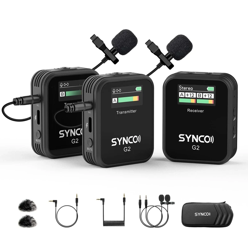 SYNCO G2(A2) Wireless Lavalier Microphone, 2.4GHz Dual Channel Lapel Mic with 48kHz/24Bit Audio 200m 8H for Camera Smartphone Tablet, Ideal for Vlogging YouTube Online Class
