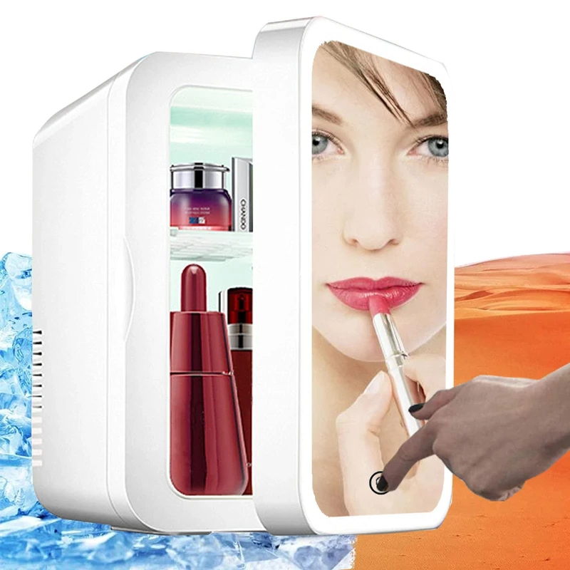 longziming Makeup Beauty Mini Fridge, 8L Portable Cosmetic Refrigerator, Makeup Mirror Fridge, Led Lighting, Glass Panel, Used for Beauty Skin Care in Home/Car, Gift For Women And Girls