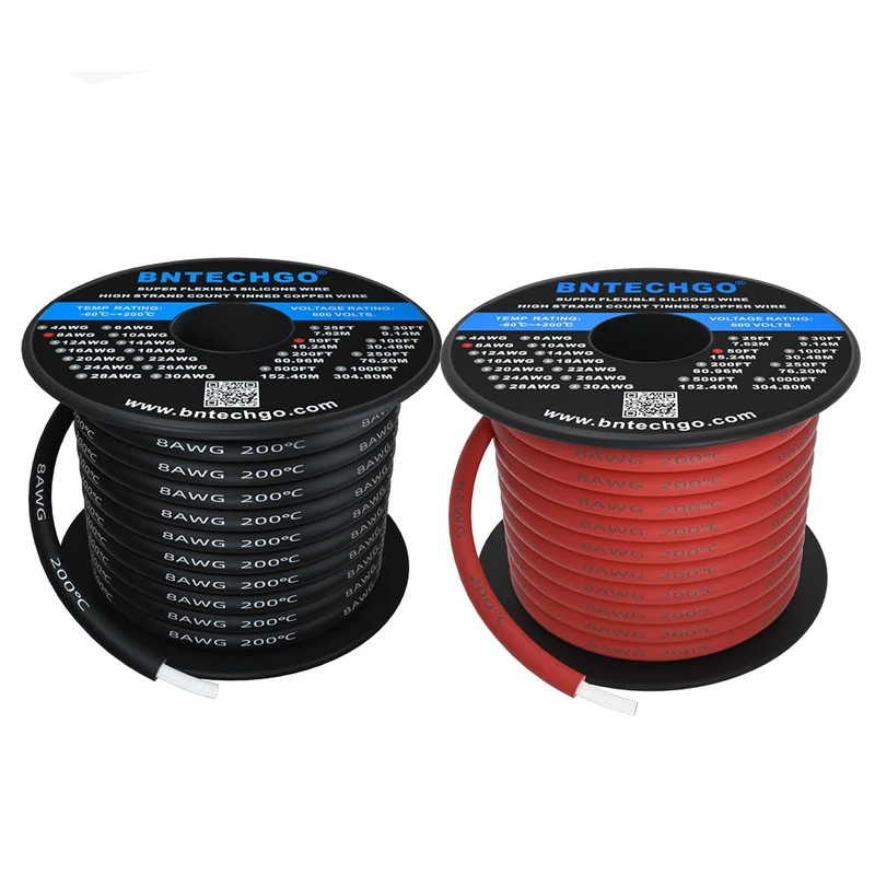 BNTECHGO 8 Gauge Silicone Wire Spool Red and Black Each 50ft Flexible 8 AWG Stranded Copper Wire