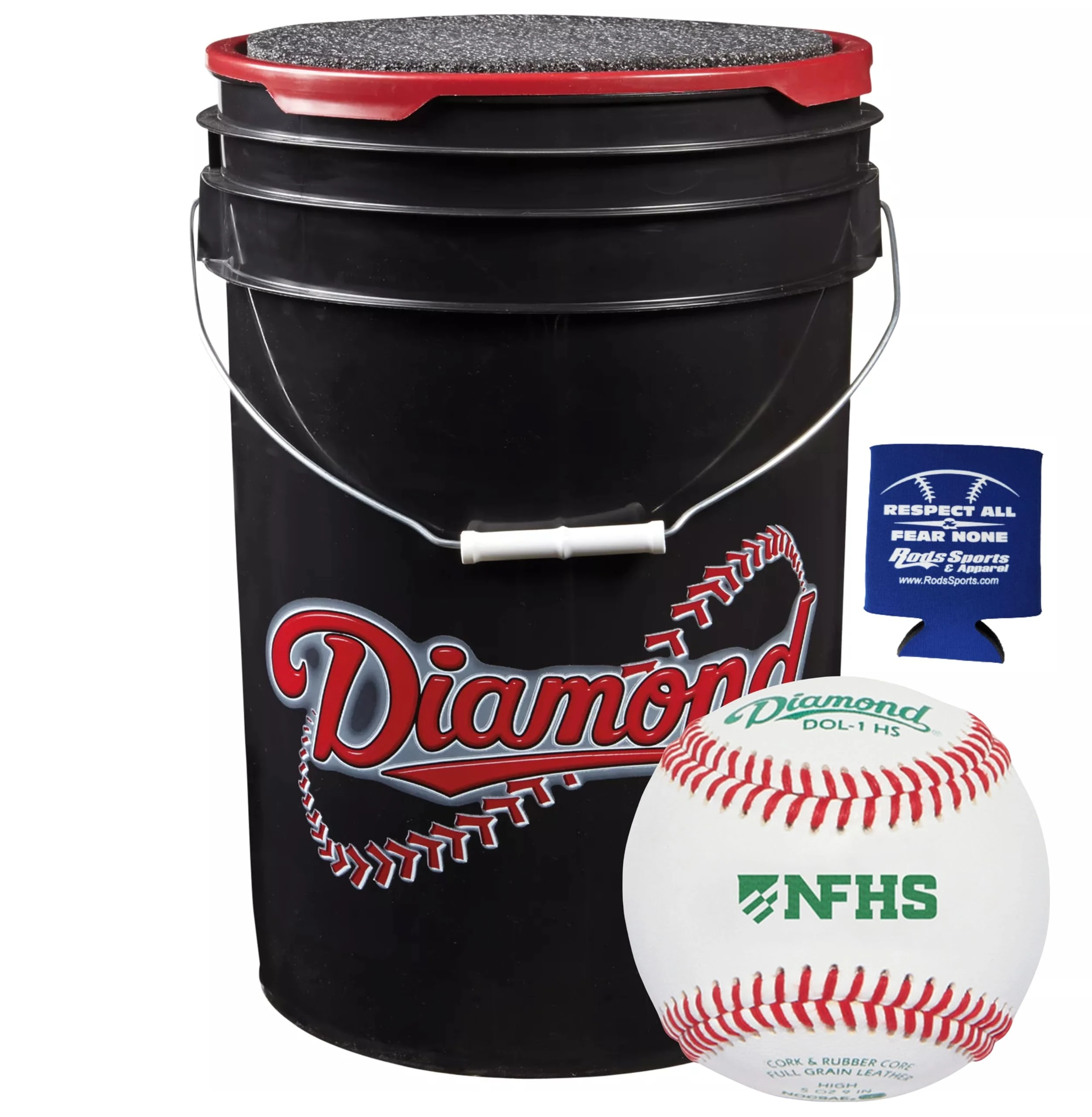 Diamond Sports DOL-1 HS | 30 Leather High School Baseballs with 6-Gallon Ball Bucket and Rods Insolated Can Sleeve