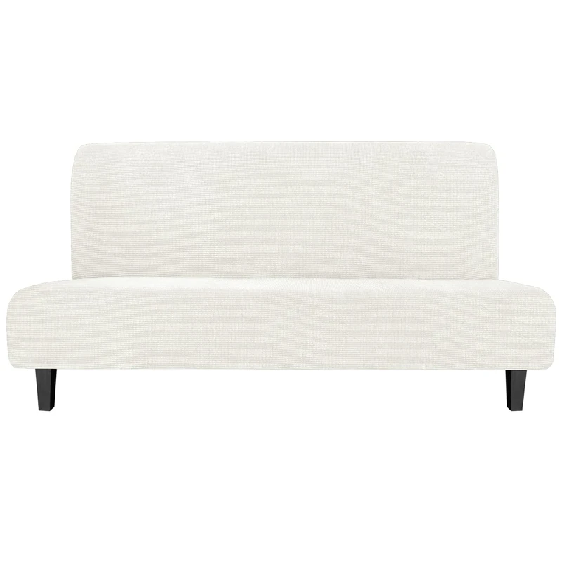 Easy-Going Stretch Futon Slipcover Armless Futon Bed Cover Furniture Protector Without Armrests with Elastic Bottom for Kids, Soft Jacquard Fabric Small Checks (Large, Cream)