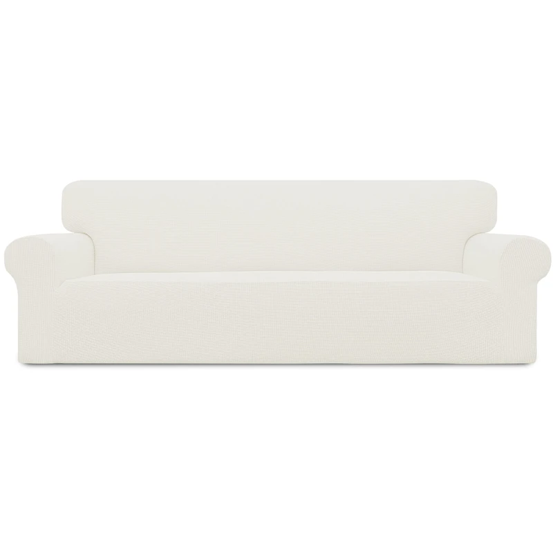 Easy-Going Stretch 4 Seater Sofa Slipcover 1-Piece Sofa Cover Furniture Protector Couch Soft with Elastic Bottom for Kids, Polyester Spandex Jacquard Fabric Small Checks Cream
