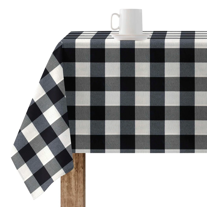 BELUM | Stain Resin Tablecloth 550-12, Vichy Checks Tablecloth Size; 200 x 155 cm, Stain Resistant No Rubber Tablecloth, Vichy Black, Woven Tablecloth 100% Organic Cotton
