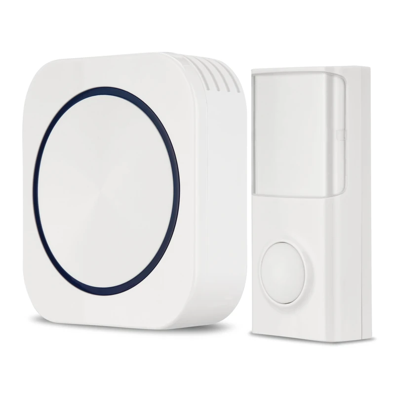 REV Wireless Doorbell Set Optical and Acoustic, 50 m, 90 dB, Wireless Bell (3 x 1.5 V) and Bell Push Button, White