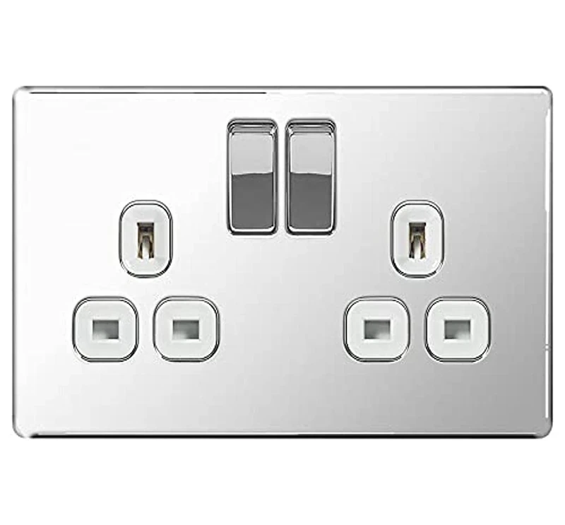 BG Electrical FPC22W 13 A 2-Gang Metal Double Pole Switched Socket - Flat Polished Chrome - 5 pack