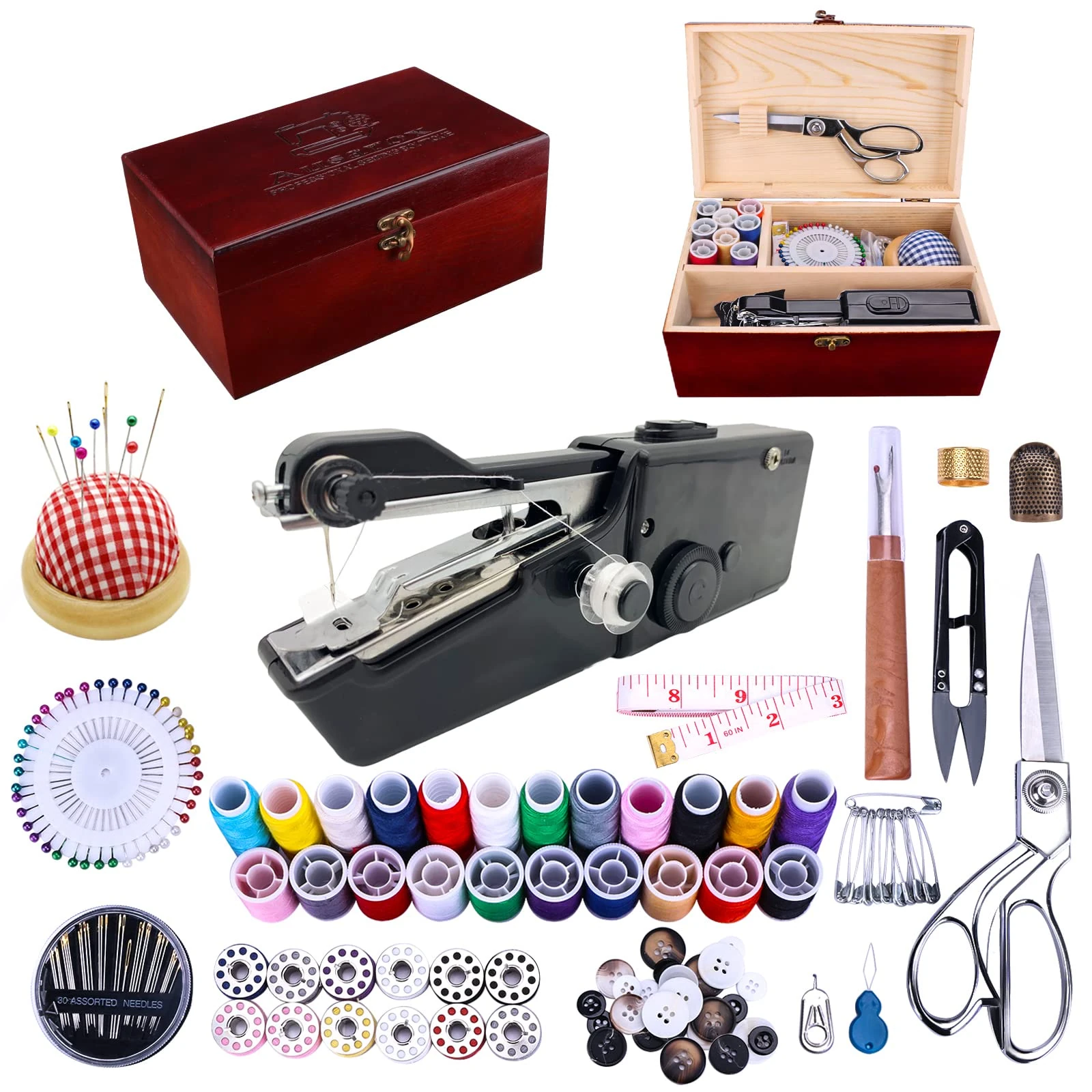 BRIGHTLYLIT Handheld Sewing Machine, Portable, Wooden Sewing Box with 153 Pcs Sewing Supplies