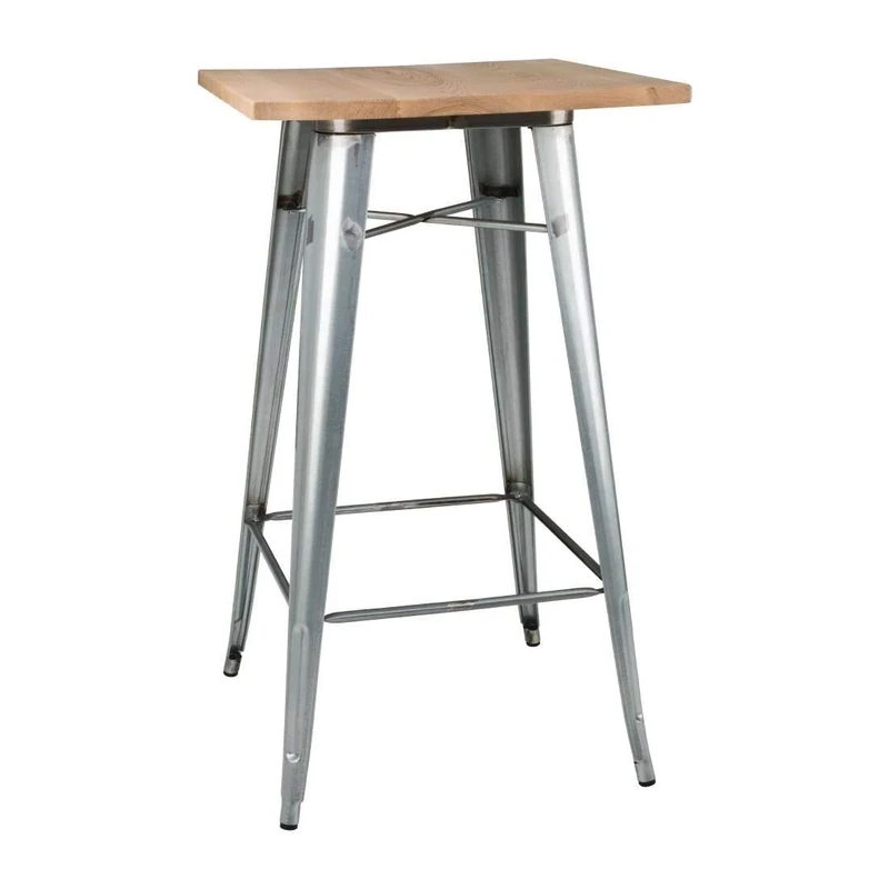 Bolero Bistro Bar Dining Table with Wooden Top Galvanised Steel (Single) - Indoor Table Non-marking, Anti-slip Feet FB599
