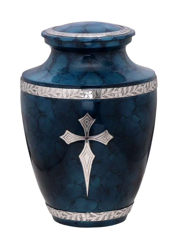BOLD & DIVINE Cremation Urns for Human Ashes - Elite Cross Blue Cloud Decorative Cremation Urn for Funeral w/Satin Bag for Storage - Adult 200 Cubic Inches