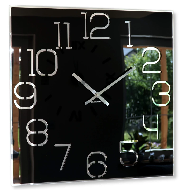 FLEXISTYLE large wall clock 50cm black high gloss acrylic mirror square for living room bedroom silent non ticking