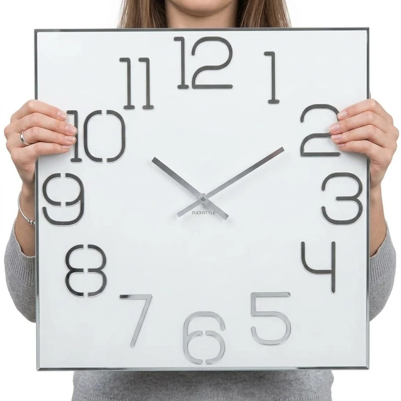 FLEXISTYLE Digit Large Square Wall Clock 50 cm Diameter, No Ticking Noise, Modern, Design Acrylic Glass and Acrylic Mirror, Living Room, Bedroom (White) - Image 1