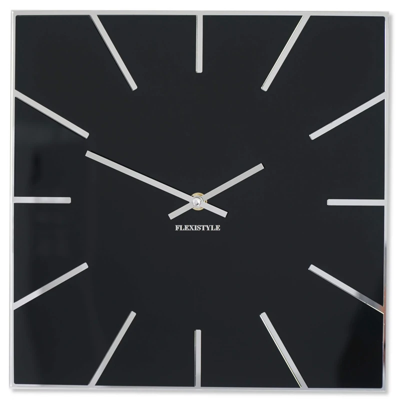 FLEXISTYLE Exact Square Wall Clock 30cm Diameter No Ticking Noise Modern Design Acrylic Glass and Acrylic Mirror for Living Room Bedroom (Black)