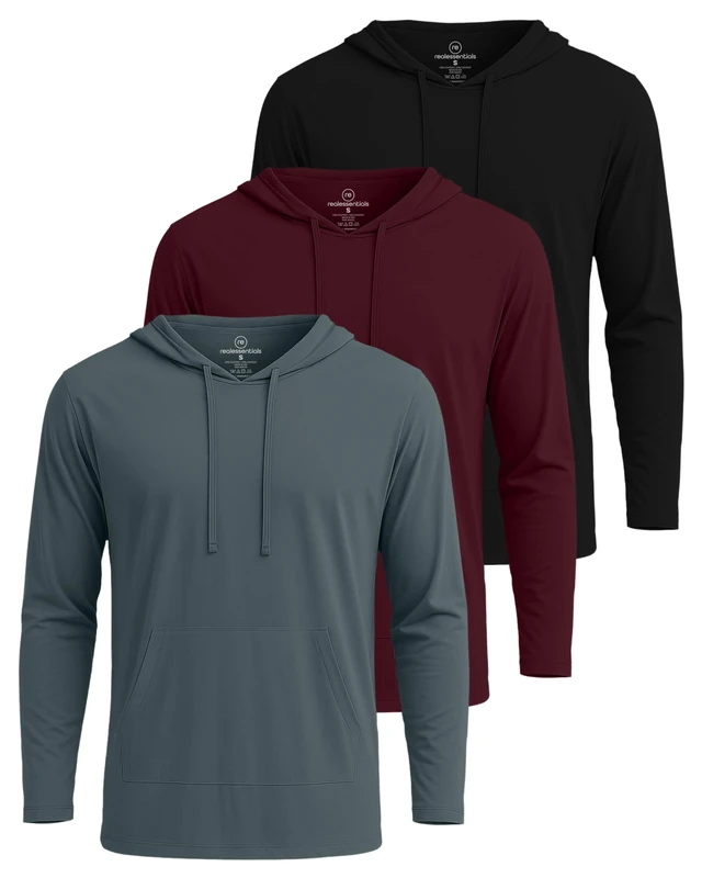 Real Essentials 3 Pack: Men's Cotton Lightweight Casual Pullover Drawstring Hoodie With Pocket, Set 3, Small