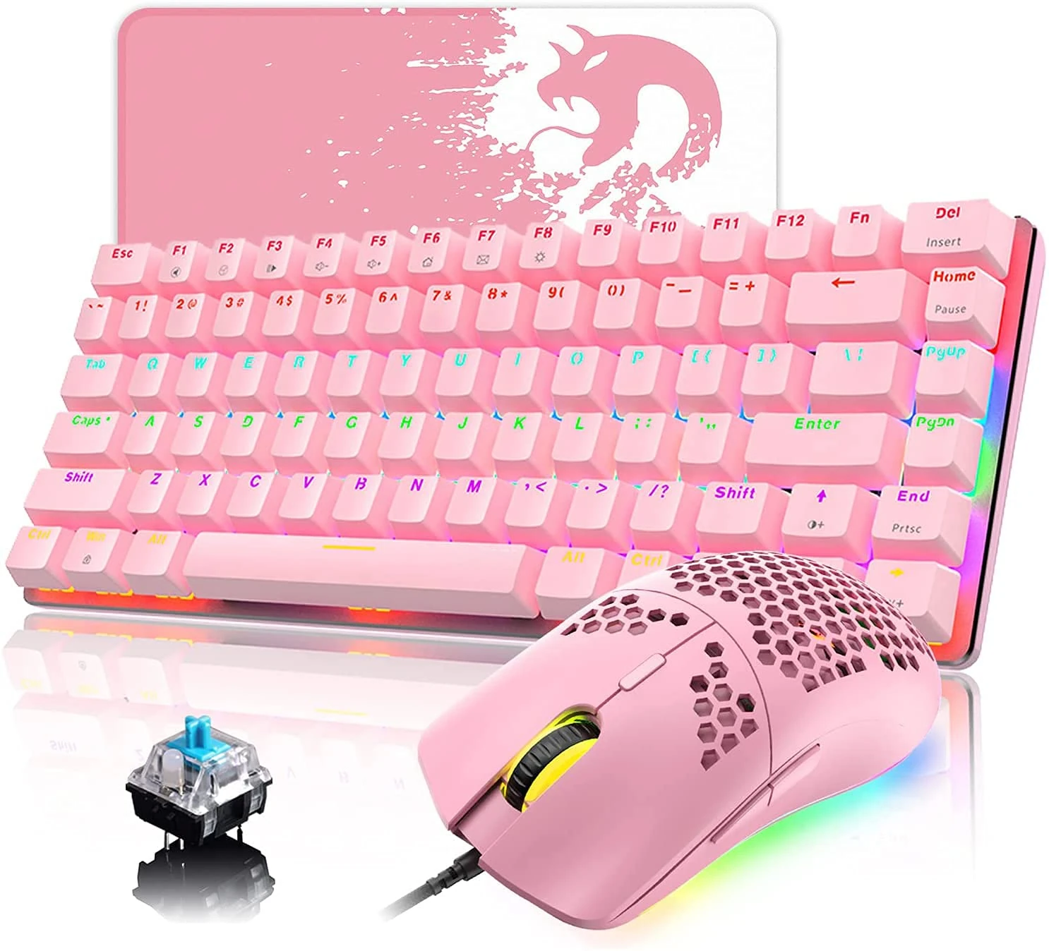 Mechanical Gaming Keyboard and Mouse, Rainbow LED Backlit USB Type C Wired Keyboard Anti-ghosting Keys+RGB 6400 DPI Lightweight Gaming Mouse Honeycomb Shell+ Mouse Pad for Computer/PC/Laptop/MAC