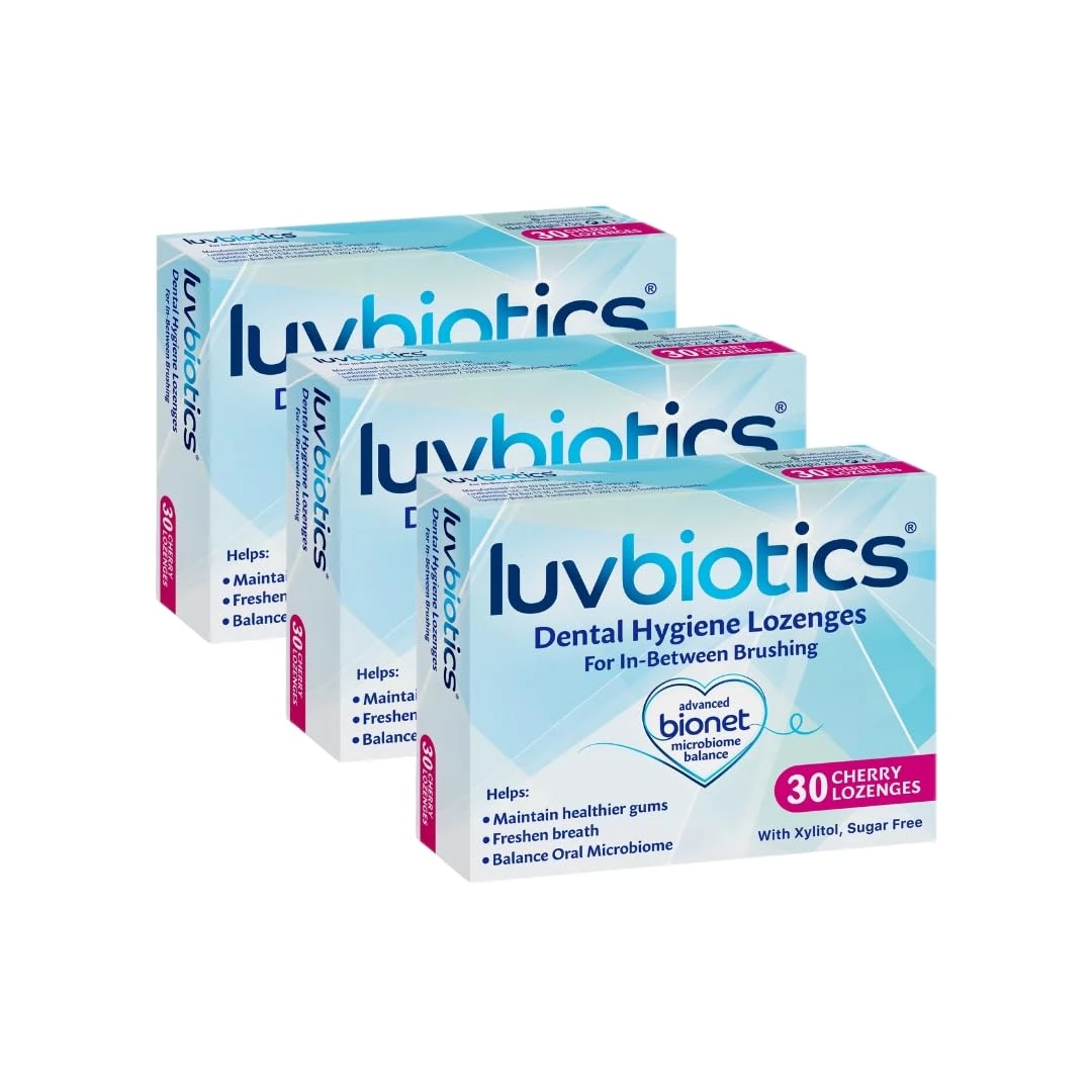 Luv Biotics Sugar Free Cherry Lozenges with Dental Probiotics, Xylitol & Aloe Vera – Fights Bad Breath, Halitosis, Dry Mouth & Supports Gum Health – 3 x 30 Lozenges