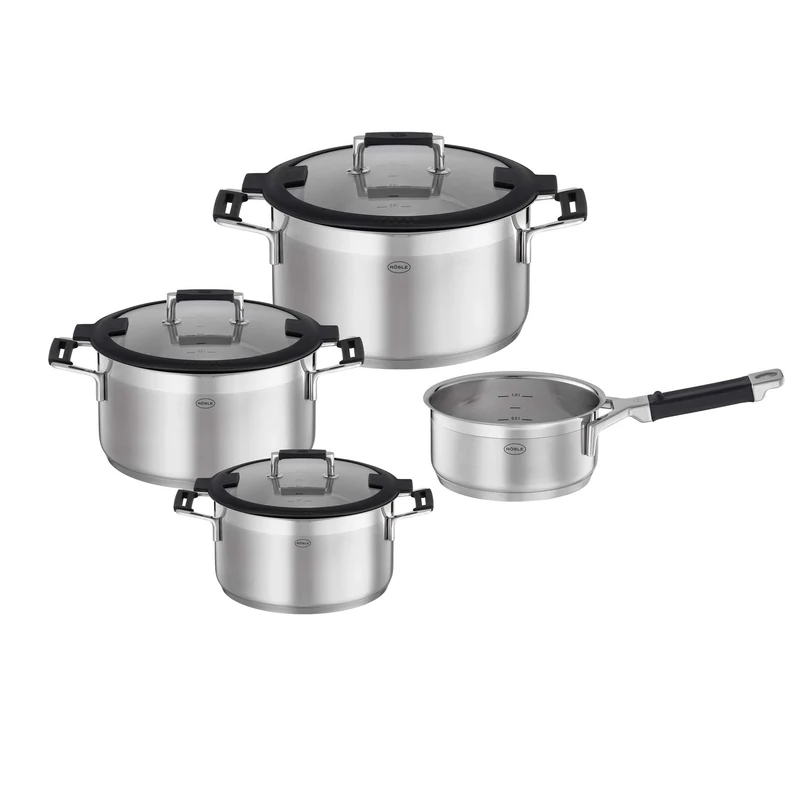 RÖSLE Silence Pro 4-Piece Saucepan Set, Universal Pot Set with 3 Saucepans and 1 Saucepan, 18/10 Stainless Steel, Glass Lid, Inner Scale, Induction & Dishwasher Safe, Silver