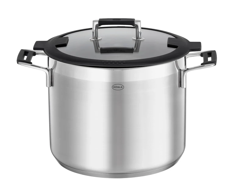 RÖSLE Silence PRO Vegetable and Soup Pot, High-Quality Universal Pot Made of 18/10 Stainless Steel, 24 cm, Glass Lid, Scale on The Inside, Induction Safe, Dishwasher Safe, Silver/Black - Image 1