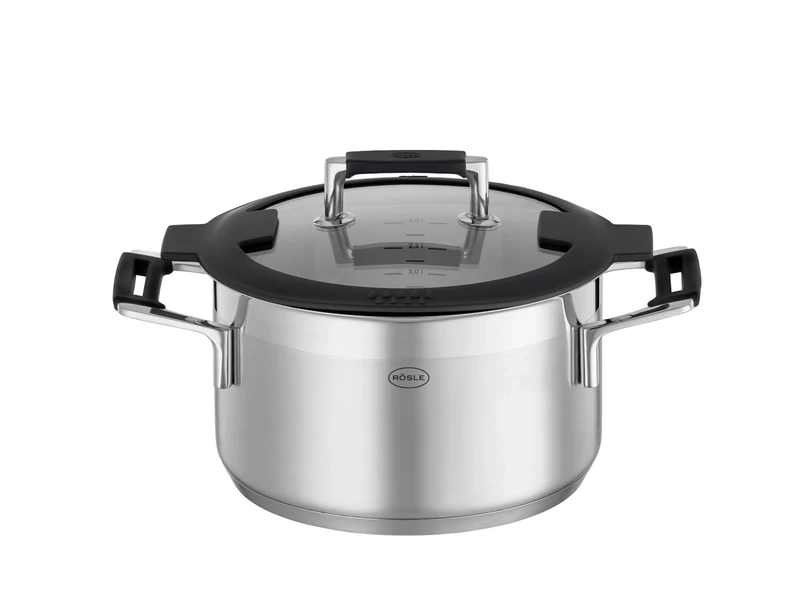 RÖSLE Silence PRO Cooking Pot, Universal Pot Made of 18/10 Stainless Steel, 20 cm, Glass Lid, Scale on The Inside, Suitable for Induction Cookers, Dishwasher Safe, Silver