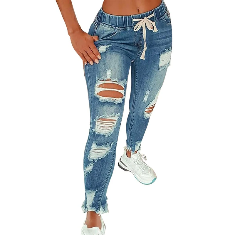 KUNMI Women High Waist Skinny Stretch Ripped Jeans Destroyed Denim Pants Plus Size - Blue - Large