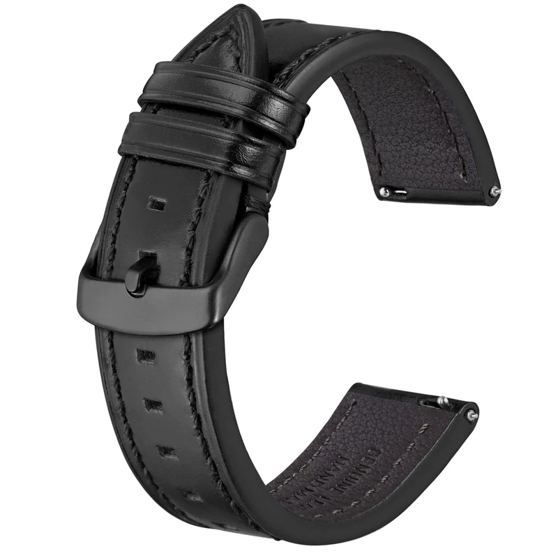 BISONSTRAP Leather Watch Straps, Quick Release Replacement Band for Men and Women-22mm,Black (Black Buckle)