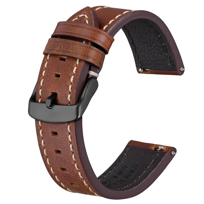 BISONSTRAP Leather Watch Straps, Quick Release Replacement Band for Men and Women-20mm,Red Brown (Black Buckle)